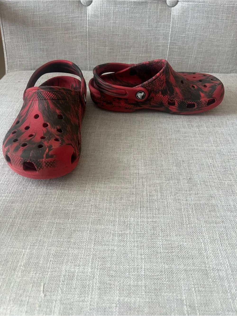 CROCS Red/Black Marble Clogs, boys/kids 3, outdoors, school playground, casual